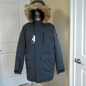 NEW Mens Goose Down Parka Coat OROBOS Faux Fur Trim Hood Charcoal gray Magnet Lg